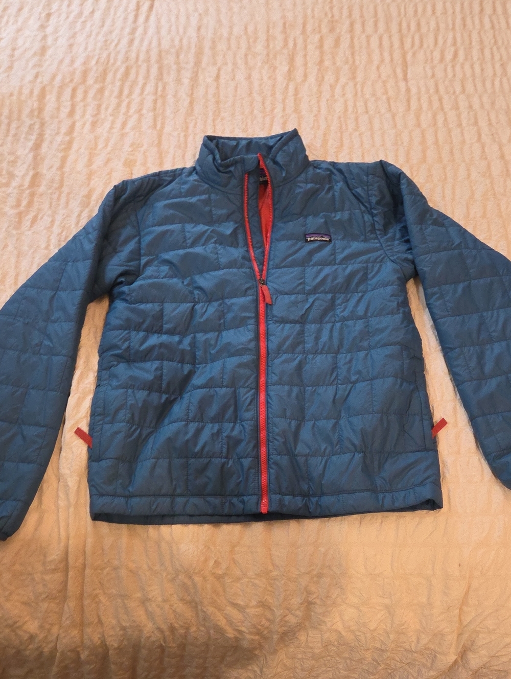 Patagonia Kids Teal Blue Puffer Jacket with Red Zipper Trim
